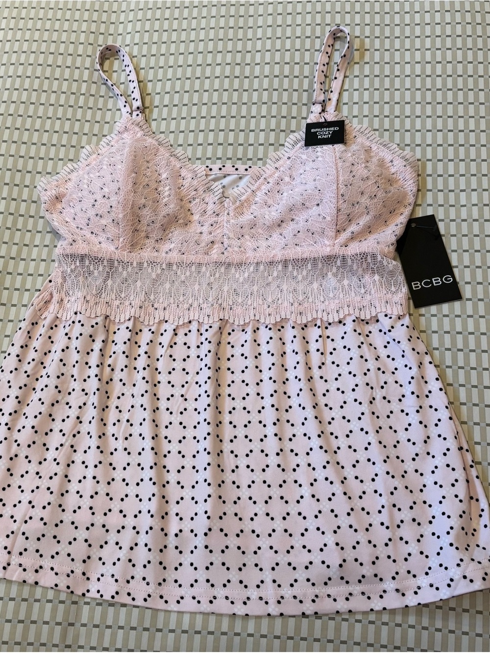 BCBG Pale Pink Lace & Black Polka Dot Sleepwear Cami